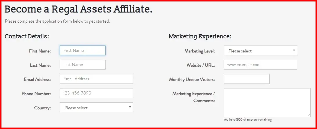 regal assets affiliate program application page